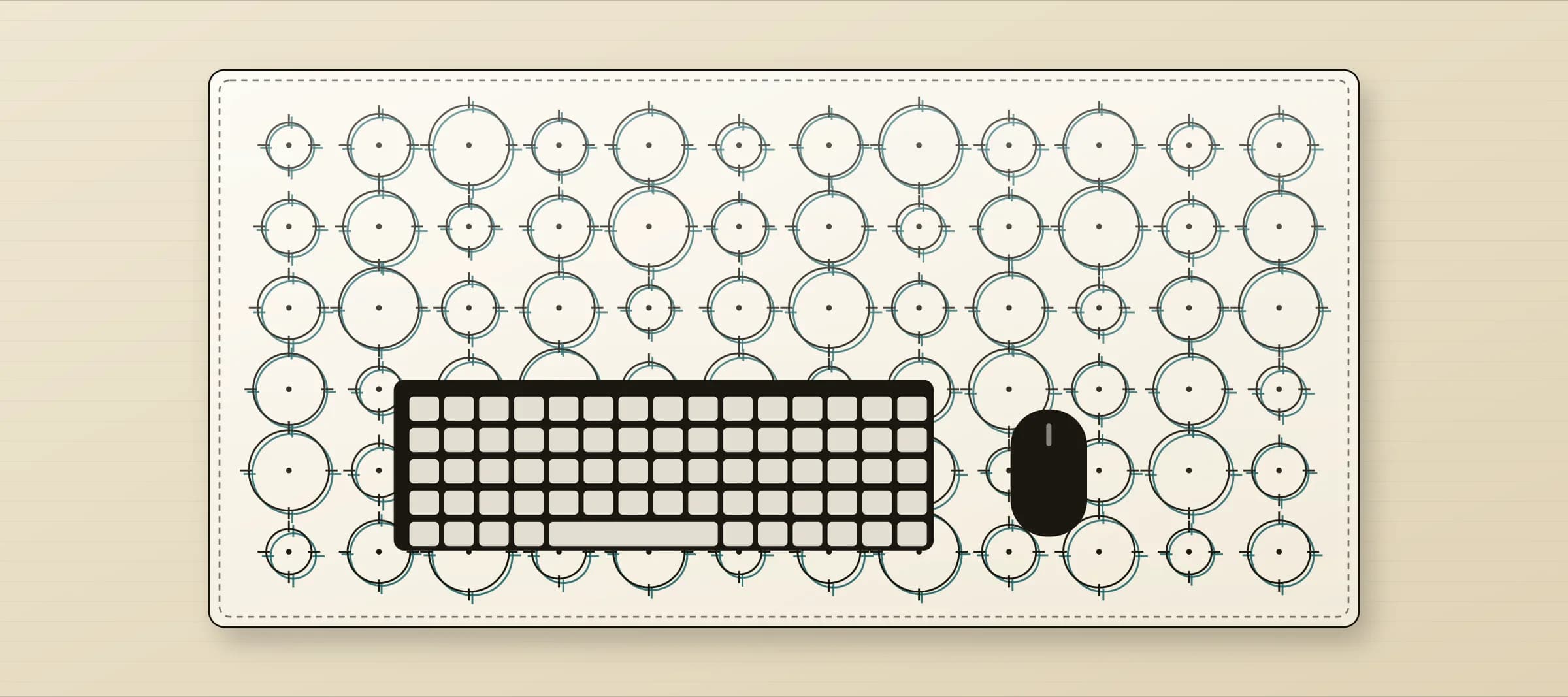 A printed desk mat seen from above on a pale desk, with a keyboard and mouse resting on it